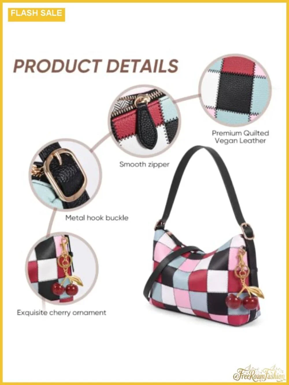 PU Leather Checkered Hobo Bag Vegan Leather Crossbody Purse with Cherry Charm